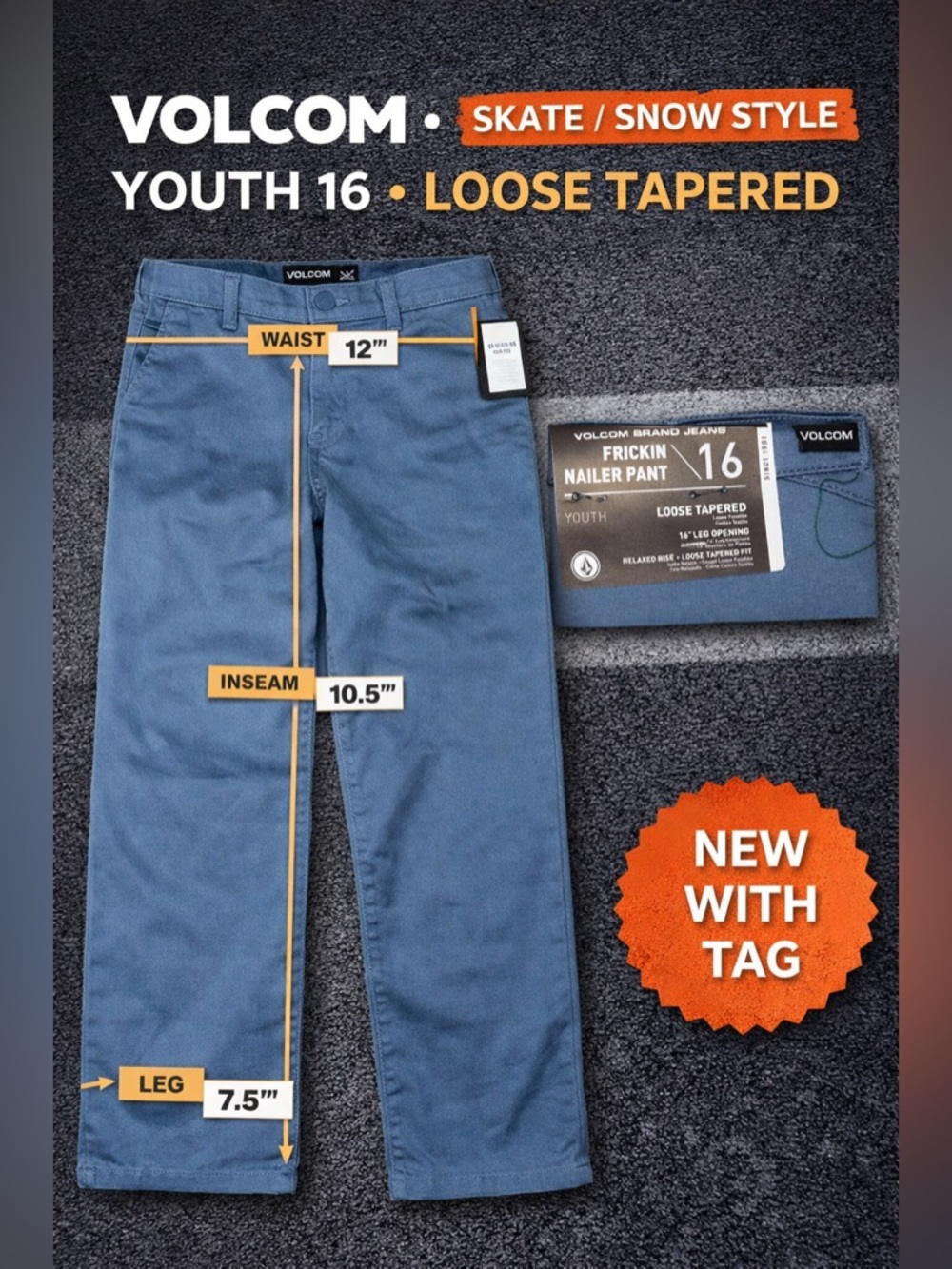 Volcom Frickin Nailer Pants Youth‎ 16 Blue Skate Snow Loose Tapered NWT